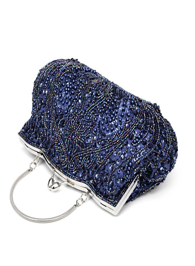 Simcat Beaded Sequin Flower Evening Purse Large Clutch Bag (Dark Blue) - Image 5
